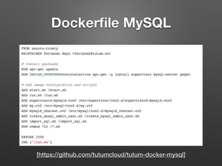 Dockerﬁle MySQL
[https://github.com/tutumcloud/tutum-docker-mysql]
 