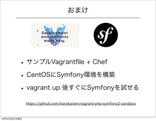 おまけ
• サンプルVagrantﬁle + Chef
• CentOSにSymfony環境を構築
• vagrant up 後すぐにSymfonyを試せる
https://github.com/karakaram/vagrant-php-sy...
