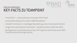 KEY-FACTS ZU TEAMPOINT
PROJEKTUMGEBUNG
• "TeamPoint" = Unternehmens-Intranet/Info-Portal
• essentielles System für über 3.000 Mitarbeiter
• Inhalte/Funktionen in ständiger Bearbeitung, User-Generated Content
• eingerichtet als Browser-Startseite - Ausfälle werden sofort bemerkt
• Verfügbarkeit und Performance des LIVE-Systems darf nicht durch DEV-
Prozesse beeinträchtigt werden
 