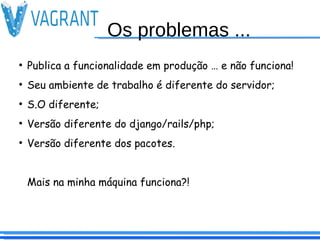 Os problemas ...
●
Publica a funcionalidade em produção … e não funciona!
●
Seu ambiente de trabalho é diferente do servidor;
●
S.O diferente;
●
Versão diferente do django/rails/php;
●
Versão diferente dos pacotes.
Mais na minha máquina funciona?!
 