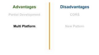 Advantages Disadvantages
Partial Development
Multi Platform
CORS
New Pattern
 