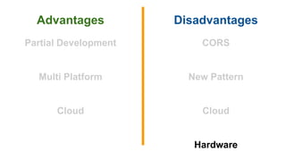 Advantages Disadvantages
Partial Development
Multi Platform
Cloud
CORS
New Pattern
Cloud
Hardware
 
