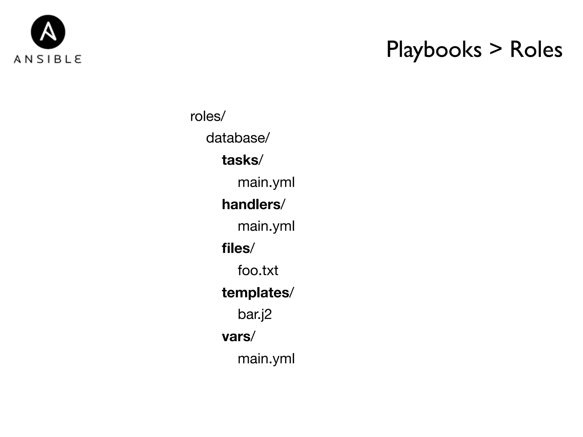 Playbooks > Roles 
roles/ 
database/ 
tasks/ 
main.yml 
handlers/ 
main.yml 
files/ 
foo.txt 
templates/ 
bar.j2 
vars/ 
main.yml 
 