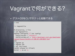 Vagrantで何ができる?
ゲストOSをCLIでサクっと起動できる
$ tree
.
!"" Vagrantfile
0 directories, 1 file
$ cat Vagrantfile
Vagrant.configure("2") do |config|
config.vm.box = "centos6_4"
config.vm.box_url = "http://developer.nrel.gov/downloads/
vagrant-boxes/CentOS-6.4-x86_64-v20130427.box"
end
$ vagrant up
$ vagrant ssh
$ cat /etc/issue
CentOS release 6.4 (Final)
Kernel r on an m
 