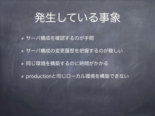 発生している事象
サーバ構成を確認するのが手間
サーバ構成の変更履歴を把握するのが難しい
同じ環境を構築するのに時間がかかる
productionと同じローカル環境を構築できない
 