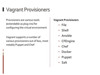 Vagrant Provisioners 
Provisioners are various tools 
(extendable as plug-ins) for 
configuring the virtual environment 
Vagrant supports a number of 
various provisioners out of box, most 
notably Puppet and Chef 
Vagrant Provisioners 
• File 
• Shell 
• Ansible 
• CFEngine 
• Chef 
• Docker 
• Puppet 
• Salt 
 