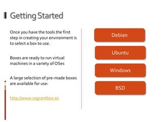 Getting Started 
Once you have the tools the first 
step in creating your environment is 
to select a box to use. 
Boxes are ready to run virtual 
machines in a variety of OSes 
A large selection of pre-made boxes 
are available for use: 
http://www.vagrantbox.es 
Debian 
Ubuntu 
Windows 
BSD 
 