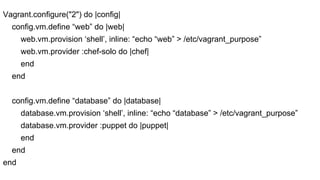 Vagrant.configure("2") do |config|
config.vm.define “web” do |web|
web.vm.provision ‘shell’, inline: “echo “web” > /etc/vagrant_purpose”
web.vm.provider :chef-solo do |chef|
end
end
config.vm.define “database” do |database|
database.vm.provision ‘shell’, inline: “echo “database” > /etc/vagrant_purpose”
database.vm.provider :puppet do |puppet|
end
end
end

 