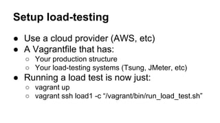 Setup load-testing
● Use a cloud provider (AWS, etc)
● A Vagrantfile that has:
○ Your production structure
○ Your load-testing systems (Tsung, JMeter, etc)

● Running a load test is now just:
○ vagrant up
○ vagrant ssh load1 -c “/vagrant/bin/run_load_test.sh”

 