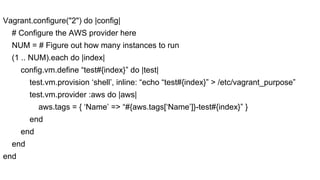 Vagrant.configure("2") do |config|
# Configure the AWS provider here
NUM = # Figure out how many instances to run
(1 .. NUM).each do |index|
config.vm.define “test#{index}” do |test|
test.vm.provision ‘shell’, inline: “echo “test#{index}” > /etc/vagrant_purpose”
test.vm.provider :aws do |aws|
aws.tags = { ‘Name’ => “#{aws.tags[‘Name’]}-test#{index}” }
end
end
end
end

 