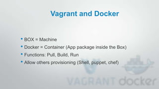 Vagrant and Docker
• BOX = Machine
• Docker = Container (App package inside the Box)
• Functions: Pull, Build, Run
• Allow others provisioning (Shell, puppet, chef)
 