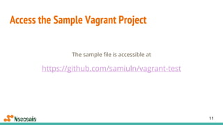 Access the Sample Vagrant Project
The sample file is accessible at
https://github.com/samiuln/vagrant-test
11
 