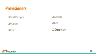 Provisioners
❏Shell Scripts
❏Puppet
❏Chef
12
❏Ansible
❏Salt
❏Docker
 