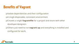 Benefits of Vagrant
❏Isolate dependencies and their configuration
❏A single disposable, consistent environment
❏Creates a single Vagrantfile for a project and share with other
developer/designers
❏Others just need to run vagrant up and everything is installed and
configured for work.
6
 