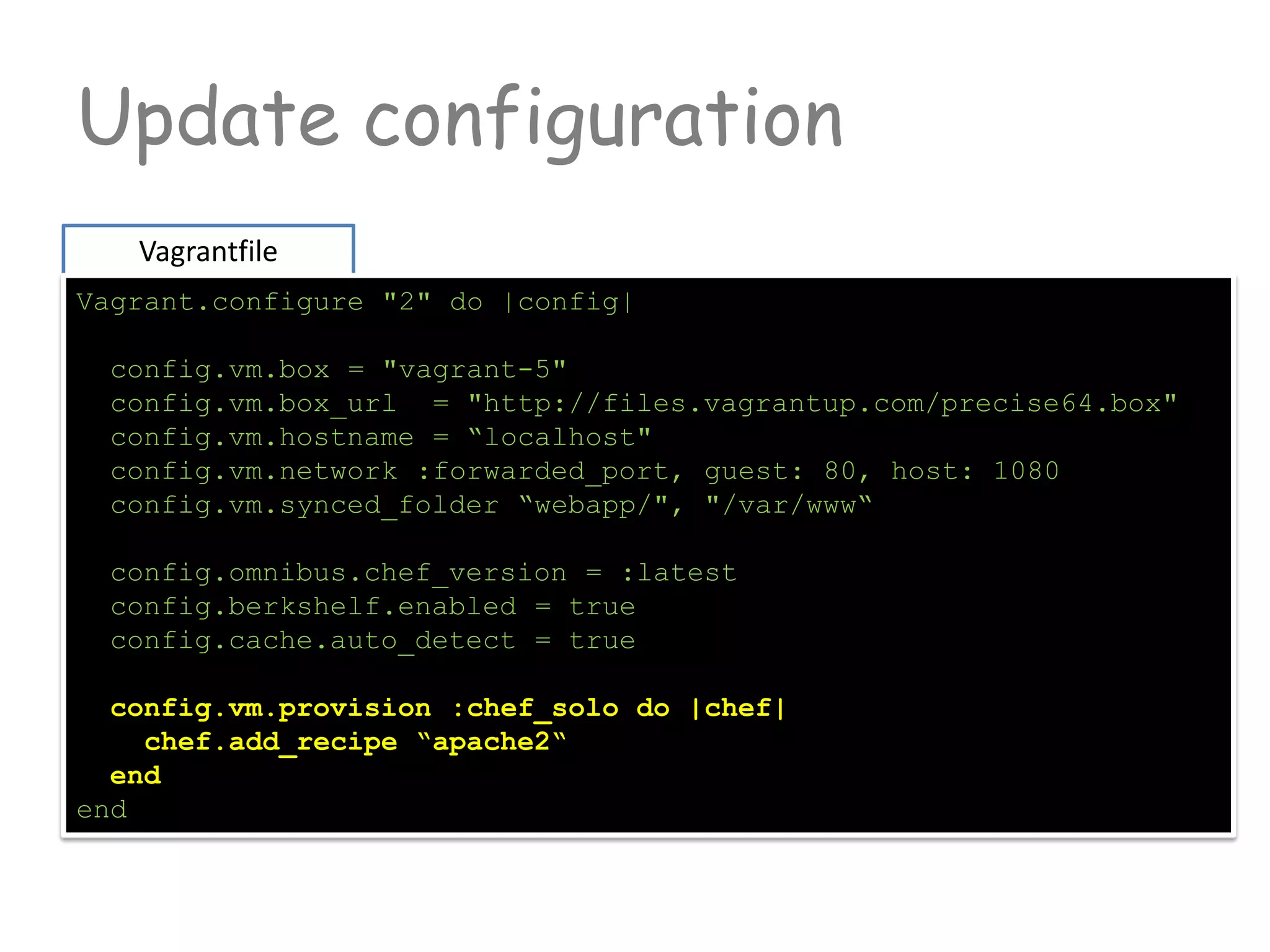 Update configuration
Vagrantfile
Vagrant.configure "2" do |config|
config.vm.box = "vagrant-5"
config.vm.box_url = "http://files.vagrantup.com/precise64.box"
config.vm.hostname = “localhost"
config.vm.network :forwarded_port, guest: 80, host: 1080
config.vm.synced_folder “webapp/", "/var/www“
config.omnibus.chef_version = :latest
config.berkshelf.enabled = true
config.cache.auto_detect = true
config.vm.provision :chef_solo do |chef|
chef.add_recipe “apache2“
end
end
 
