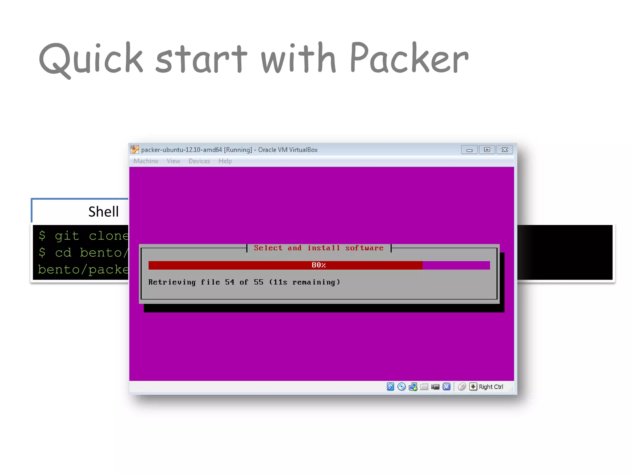 Shell
$ git clone https://github.com/opscode/bento.git
$ cd bento/packer
bento/packer $ packer build ubuntu-13.10-amd64.json
Quick start with Packer
 