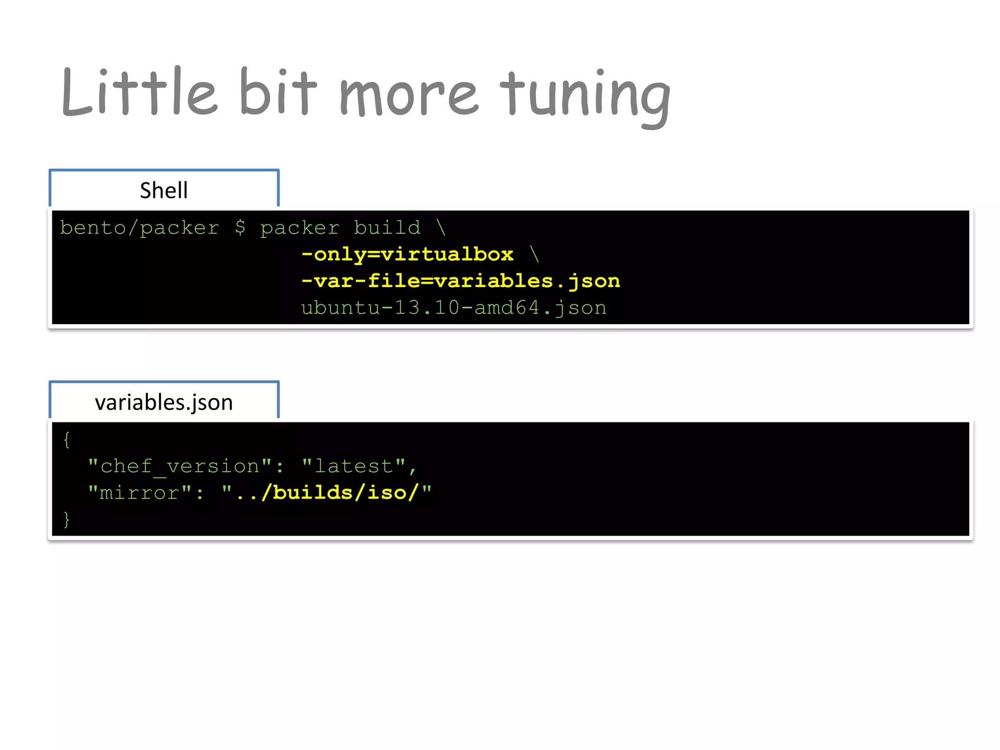 Shell
bento/packer $ packer build 
-only=virtualbox 
-var-file=variables.json
ubuntu-13.10-amd64.json
Little bit more tuning
variables.json
{
"chef_version": "latest",
"mirror": "../builds/iso/"
}
 