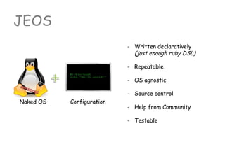 - Written declaratively
(just enough ruby DSL)
- Repeatable
- OS agnostic
- Source control
- Help from Community
- Testable
JEOS
Naked OS Configuration
 