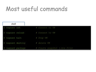 Most useful commands
shell
$ vagrant ssh # Connect to VM
$ vagrant reload # Connect to VM
$ vagrant halt # Stop VM
$ vagrant destroy # delete VM
$ vagrant package # Create snapshot (.box file)
 