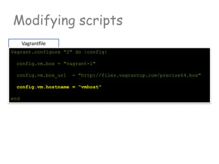 Modifying scripts
Vagrantfile
Vagrant.configure "2" do |config|
config.vm.box = "vagrant-1"
config.vm.box_url = "http://files.vagrantup.com/precise64.box"
config.vm.hostname = “vmhost"
end
 