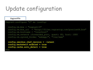 Update configuration
Vagrantfile
Vagrant.configure "2" do |config|
config.vm.box = "vagrant-5"
config.vm.box_url = "http://files.vagrantup.com/precise64.box"
config.vm.hostname = “localhost"
config.vm.network :forwarded_port, guest: 80, host: 1080
config.vm.synced_folder “webapp/", "/var/www“
config.omnibus.chef_version = :latest
config.berkshelf.enabled = true
config.cache.auto_detect = true
end
 