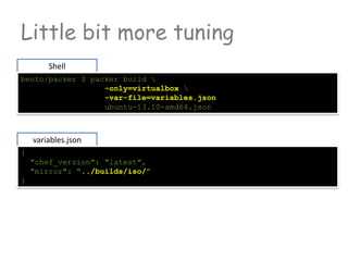 Shell
bento/packer $ packer build 
-only=virtualbox 
-var-file=variables.json
ubuntu-13.10-amd64.json
Little bit more tuning
variables.json
{
"chef_version": "latest",
"mirror": "../builds/iso/"
}
 