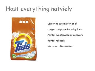 Low or no automation at all
Long error-prone install guides
Painful maintenance or recovery
Painful rollback
No team collaboration
Host everything natviely
 