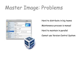 Master Image: Problems
Hard to distribute in big teams
Maintenance process is manual
Hard to maintain in parallel
Cannot use Version Control System
 