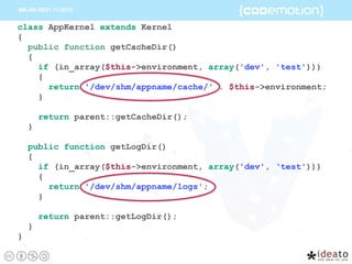 class AppKernel extends Kernel
{
public function getCacheDir()
{
if (in_array($this->environment, array('dev', 'test')))
{
return '/dev/shm/appname/cache/' . $this->environment;
}
return parent::getCacheDir();
}
public function getLogDir()
{
if (in_array($this->environment, array('dev', ‘test')))
{
return '/dev/shm/appname/logs';
}
return parent::getLogDir();
}
}
 