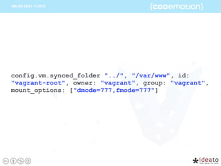 config.vm.synced_folder "../", "/var/www", id:
"vagrant-root", owner: "vagrant", group: "vagrant",
mount_options: ["dmode=777,fmode=777"]
 