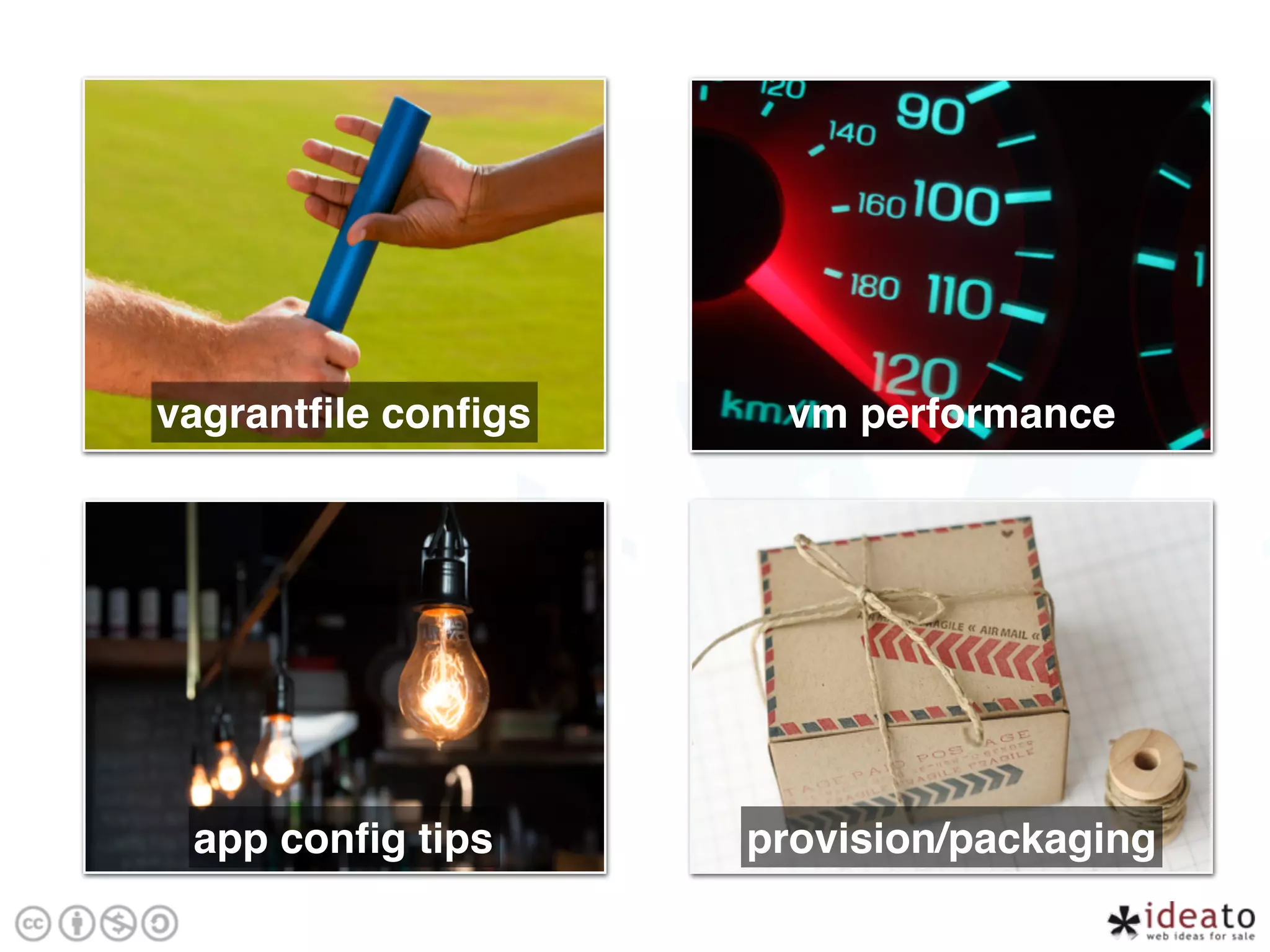 vagrantﬁle conﬁgs vm performance
app conﬁg tips provision/packaging
 