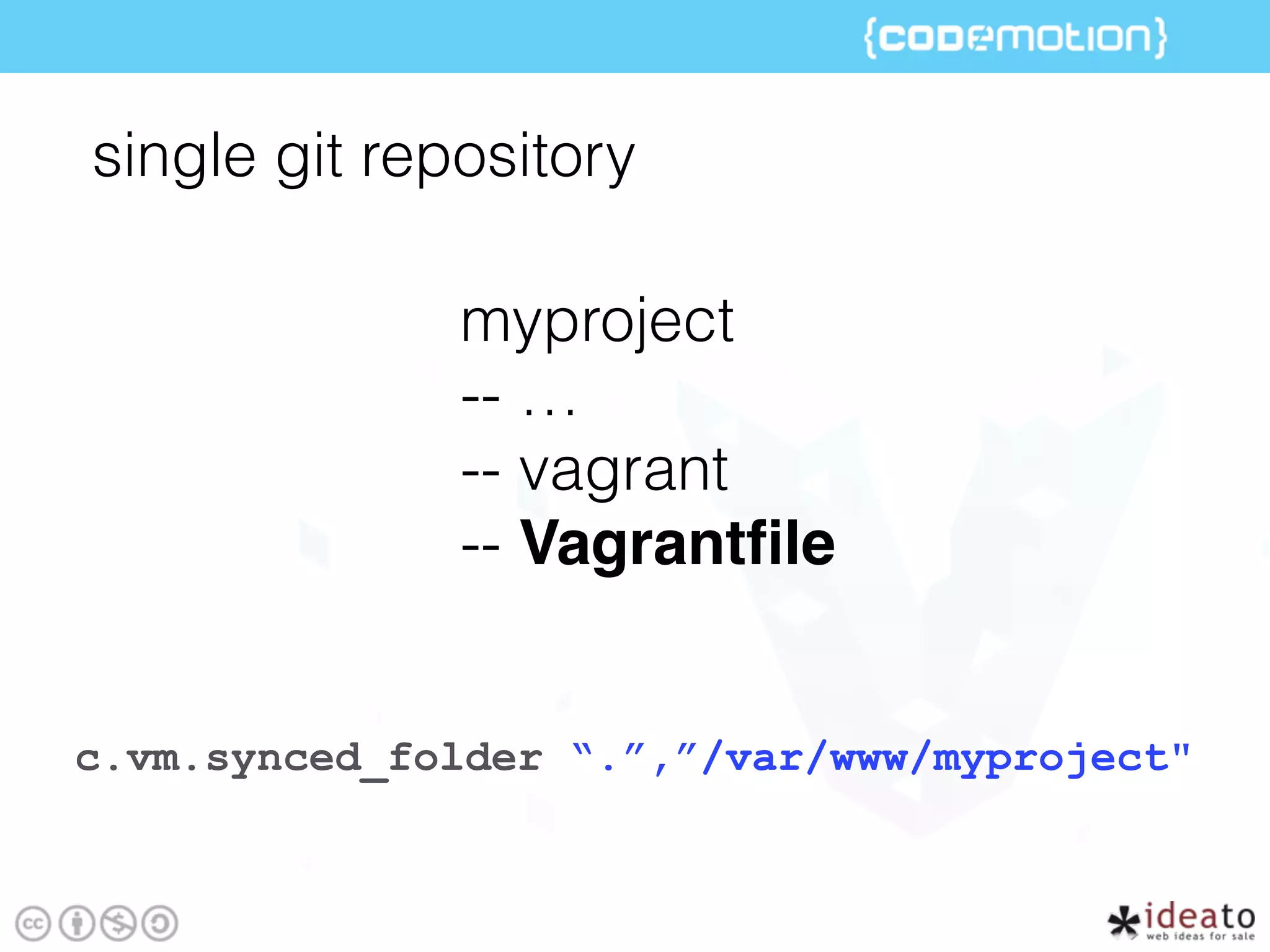 myproject
-- …
-- vagrant
-- Vagrantﬁle
single git repository
c.vm.synced_folder “.”,”/var/www/myproject"
 