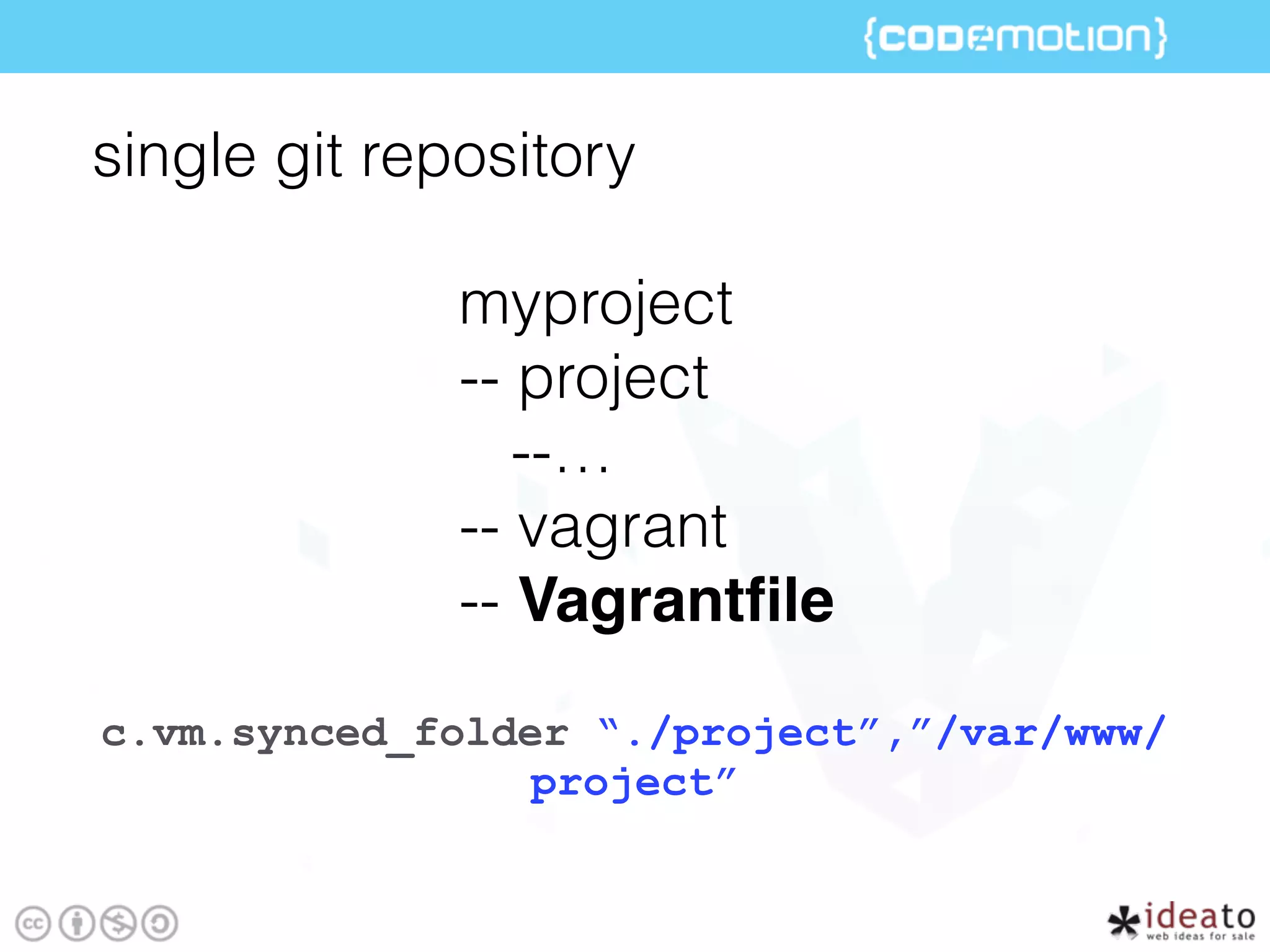 myproject
-- project
--…
-- vagrant
-- Vagrantﬁle
single git repository
c.vm.synced_folder “./project”,”/var/www/
project”
 