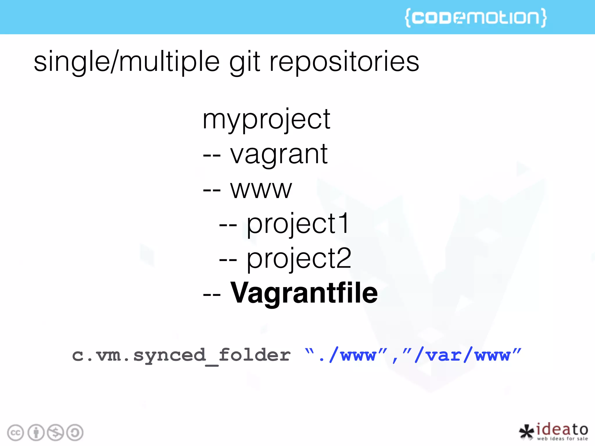 myproject
-- vagrant
-- www
-- project1
-- project2
-- Vagrantﬁle
single/multiple git repositories
c.vm.synced_folder “./www”,”/var/www”
 