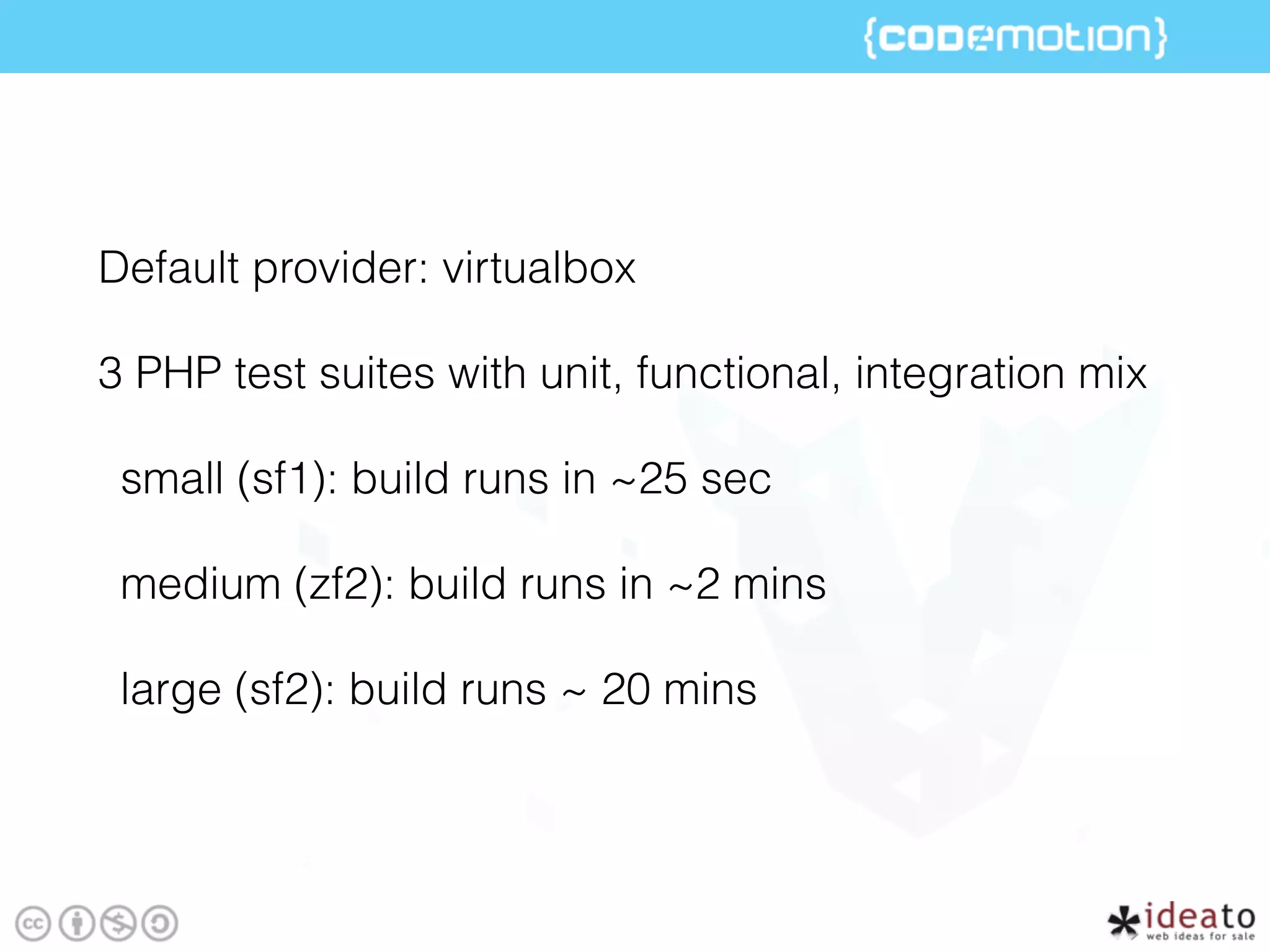 Default provider: virtualbox
3 PHP test suites with unit, functional, integration mix
small (sf1): build runs in ~25 sec
medium (zf2): build runs in ~2 mins
large (sf2): build runs ~ 20 mins
 