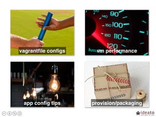 vagrantﬁle conﬁgs vm performance
app conﬁg tips provision/packaging
 
