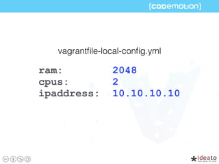 ram: 2048
cpus: 2
ipaddress: 10.10.10.10
vagrantﬁle-local-conﬁg.yml
 