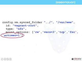 config.vm.synced_folder "../", "/var/www",
id: “vagrant-root”,
type: “nfs”,
mount_options: [‘rw’,'vers=3','tcp','fsc',
'actimeo=1']
 
