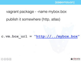 vagrant package - -name mybox.box
publish it somewhere (http, atlas)
c.vm.box_url = “http://../mybox.box”
 