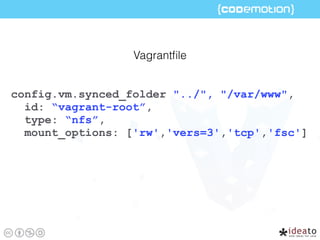 config.vm.synced_folder "../", "/var/www", id:
"vagrant-root", owner: "vagrant", group: "vagrant",
mount_options: ["dmode=...