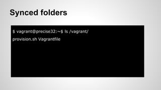 $ vagrant@precise32:~$ ls /vagrant/
provision.sh Vagrantfile
Synced folders
 