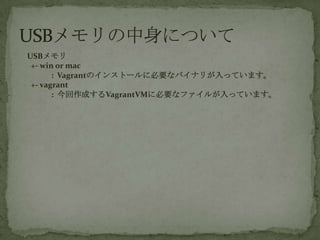 USB
+- win or mac
: VagrantΥ󥹥ȩ`˱ҪʥХʥ꤬äƤޤ
+- vagrant
: ɤVagrantVM˱Ҫʥե뤬äƤޤ
 