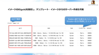 イメージのID(guid)を指定し、テンプレート・イメージからのサーバー作成も可能
# slcli image list
:......................................:....................................................:....................:............:.........:
: guid : name : type : visibility : account :
:......................................:....................................................:....................:............:.........:
: 719113ed-c060-43f3-8c5c-8889f8b4df01 : 25GB - Ubuntu / Ubuntu / 14.04-64 Minimal for VSI : System : Public : 208938 :
: b14a49a2-648b-4cea-9194-17120e98138f : 25GB - Ubuntu / Ubuntu / 12.04-64 Minimal for VSI : System : Public : 208938 :
: 2402ec54-6dd8-4391-846a-772406fa76cd : 25GB - Redhat / EL / 5.5-64 Minimal for VSI : System : Public : 208938 :
: 56c35934-1caa-408f-9e38-b36e4368e3b7 : 100GB - Ubuntu / Ubuntu / 14.04-32 Minimal for VSI : System : Public : 208938 :
: 0e4b036f-8287-4ff9-ac9b-77883c245e49 : 100GB - Redhat / EL / 5.5-32 Minimal for VSI : System : Public : 208938 :
: f5d6c60f-d6cf-4d0b-a424-5e661e2dea47 : 100GB - Debian / Debian / 8.0.0-64 Minimal for VSI : System : Public : 208938 :
Public=誰でも使えるイメージ
Private=自分が取得したイメージ
slcliで確認
 