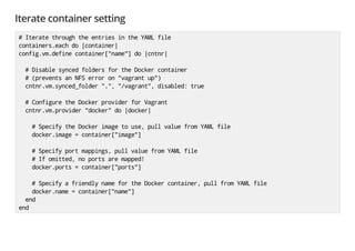 Iterate container setting
#IteratethroughtheentriesintheYAMLfile
containers.eachdo|container|
config.vm.definecontainer["name"]do|cntnr|
#DisablesyncedfoldersfortheDockercontainer
#(preventsanNFSerroron"vagrantup")
cntnr.vm.synced_folder".","/vagrant",disabled:true
#ConfiguretheDockerproviderforVagrant
cntnr.vm.provider"docker"do|docker|
#SpecifytheDockerimagetouse,pullvaluefromYAMLfile
docker.image=container["image"]
#Specifyportmappings,pullvaluefromYAMLfile
#Ifomitted,noportsaremapped!
docker.ports=container["ports"]
#SpecifyafriendlynamefortheDockercontainer,pullfromYAMLfile
docker.name=container["name"]
end
end
 