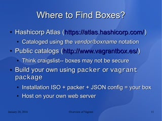 January 20, 2016 Overview of Vagrant 11
Where to Find Boxes?Where to Find Boxes?
●
Hashicorp Atlas (Hashicorp Atlas (https://atlas.hashicorp.com/https://atlas.hashicorp.com/))
●
Cataloged using theCataloged using the vendor/boxnamevendor/boxname notationnotation
●
Public catalogs (Public catalogs (http://www.vagrantbox.es/http://www.vagrantbox.es/))
●
Think craigslist-- boxes may not be secureThink craigslist-- boxes may not be secure
● Build your own usingBuild your own using packerpacker oror vagrantvagrant
packagepackage
●
Installation ISO + packer + JSON config = your boxInstallation ISO + packer + JSON config = your box
●
Host on your own web serverHost on your own web server
 