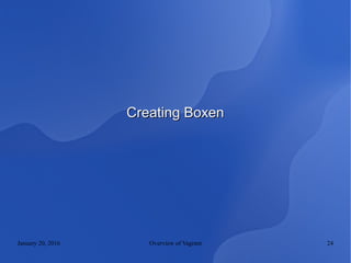 January 20, 2016 Overview of Vagrant 24
Creating BoxenCreating Boxen
 
