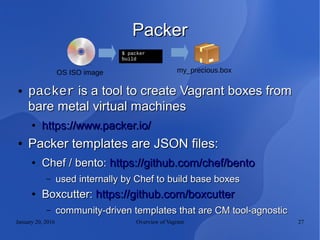 January 20, 2016 Overview of Vagrant 27
PackerPacker
● packerpacker is a tool to create Vagrant boxes fromis a tool to create Vagrant boxes from
bare metal virtual machinesbare metal virtual machines
●
https://www.packer.io/https://www.packer.io/
●
Packer templates are JSON files:Packer templates are JSON files:
●
Chef / bento:Chef / bento: https://github.com/chef/bentohttps://github.com/chef/bento
– used internally by Chef to build base boxesused internally by Chef to build base boxes
●
Boxcutter:Boxcutter: https://github.com/boxcutterhttps://github.com/boxcutter
– community-driven templates that are CM tool-agnosticcommunity-driven templates that are CM tool-agnostic
$ packer
build
OS ISO image my_precious.box
 