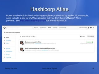 January 20, 2016 Overview of Vagrant 28
Hashicorp AtlasHashicorp Atlas
Boxes can be built in the cloud using templates pushed up by packer. For example,
need to build a box for VMWare desktop but you don't have VMWare? Not a
problem. See http://atlas.hashicorp.com for more information.
 