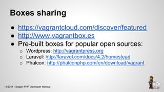 Boxes sharing
● https://vagrantcloud.com/discover/featured
● http://www.vagrantbox.es
● Pre-built boxes for popular open sources:
o Wordpress: http://vagrantpress.org
o Laravel: http://laravel.com/docs/4.2/homestead
o Phalcon: http://phalconphp.com/en/download/vagrant
11/2014 - Saigon PHP Developer Meetup