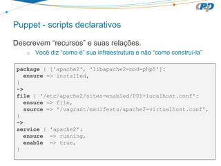 Puppet - scripts declarativos
Descrevem “recursos” e suas relações.
○ Você diz “como é” sua infraestrutura e não “como construí-la”
package { ['apache2', 'libapache2-mod-php5']:
ensure => installed,
}
->
file { '/etc/apache2/sites-enabled/001-localhost.conf':
ensure => file,
source => '/vagrant/manifests/apache2-virtualhost.conf',
}
~>
service { 'apache2':
ensure => running,
enable => true,
}
 